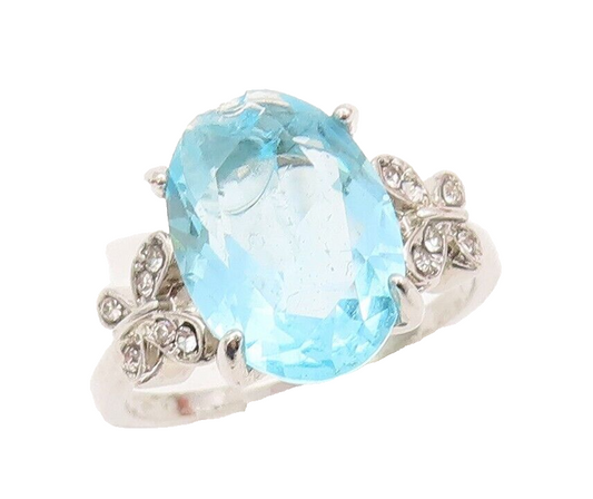 925 Sterling Silver Vintage Ring Oval Cut Blue & White CZ Carved  Sz 9  RG28472