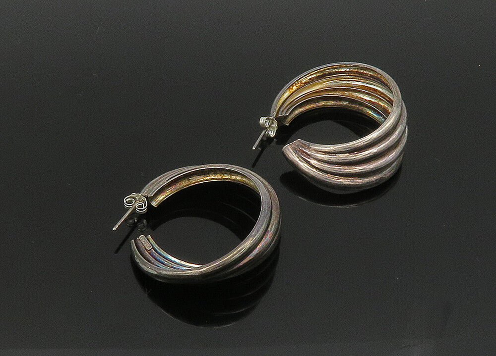 925 Sterling Silver  Vintage Dark Tone Fluted Round Hoop Earrings  EG10377