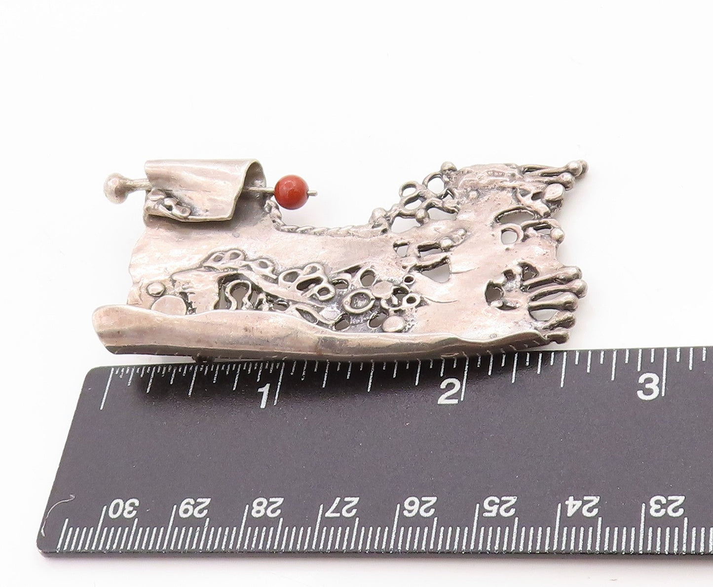 925 Sterling Silver Vintage Brooch Modernist Artisan Designed Red Bead  BP11802