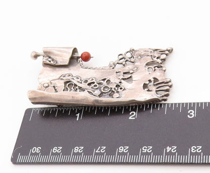925 Sterling Silver Vintage Brooch Modernist Artisan Designed Red Bead  BP11802