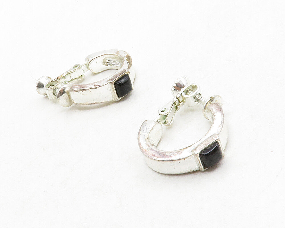 NAPIER 925 Sterling Silver  Vintage Black Onyx Non Pierce Hoop Earrings EG6877