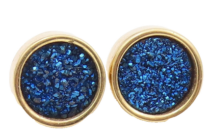 925 Sterling Silver Vintage Earrings Gold Plated Blue Drusy Quartz Stud  EG13880