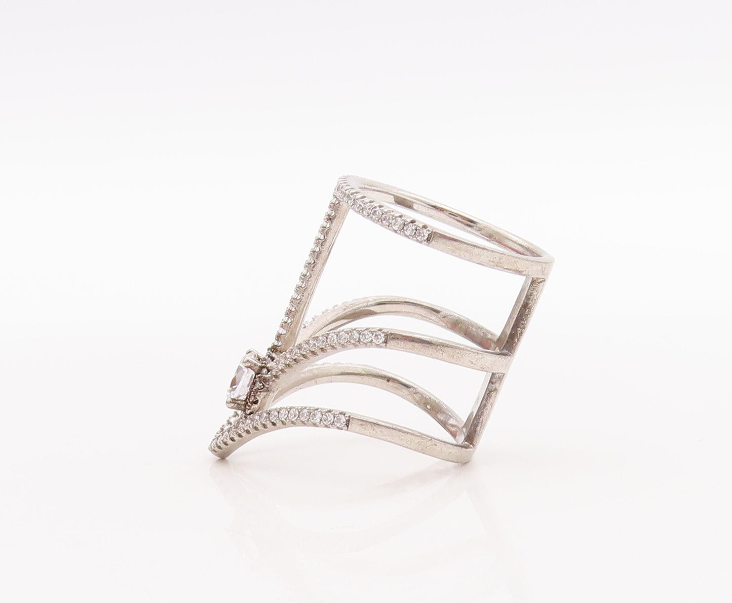 925 Sterling Silver Vintage Ring Cutout Large Designer CZ Inlay  Sz 5.5  RG28760