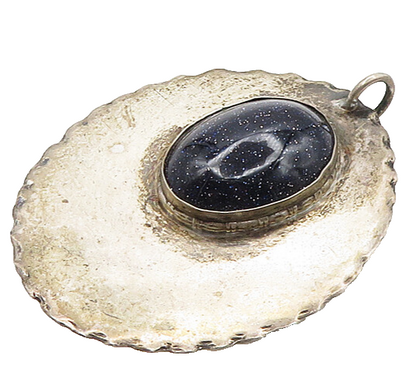 925 Sterling Silver  Vintage Cabochon Cut Blue Goldstone Pendant  PT15169