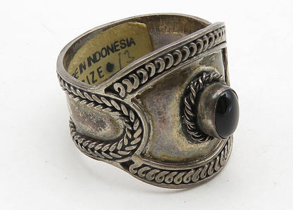 INDONESIA 925 Silver  Vintage Black Onyx Large Wheat Band Ring Sz 12.5 RG10582