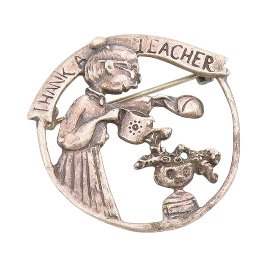 925 Sterling Silver Vintage Brooch Dark Tone Teachers Day Badge Cutout  BP11490