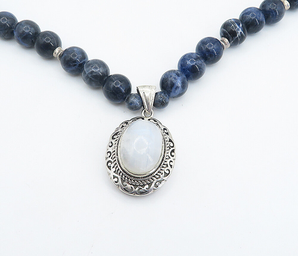 925 Sterling Silver  Vintage Moonstone & Sodalite Beaded Chain Necklace NE1211