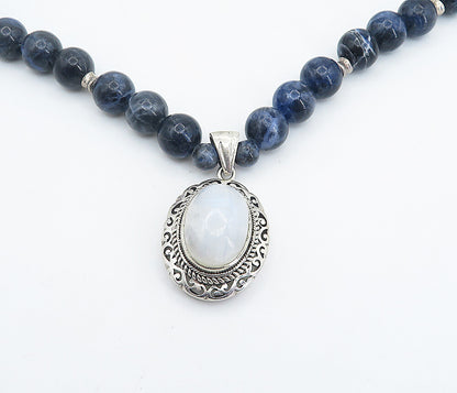 925 Sterling Silver  Vintage Moonstone & Sodalite Beaded Chain Necklace NE1211