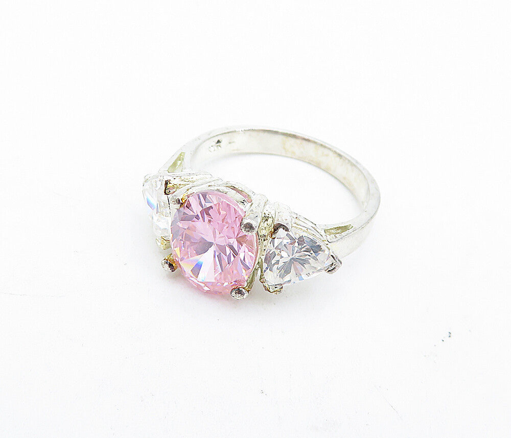 925 Sterling Silver  Pink & White Cubic Zirconia Shiny Band Ring Sz 6.5 RG5276