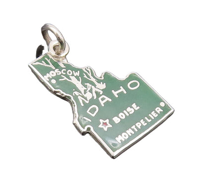 925 Sterling Silver Vintage Pendant Green Enameled mini Idaho Carved Map PT22695