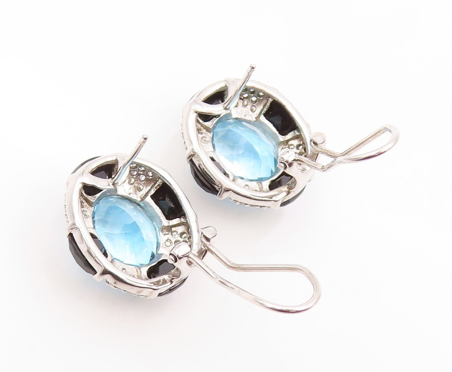 925 Sterling Silver Vintage Earrings Oval Blue Topaz Halo Sapphire & CZ  EG13346