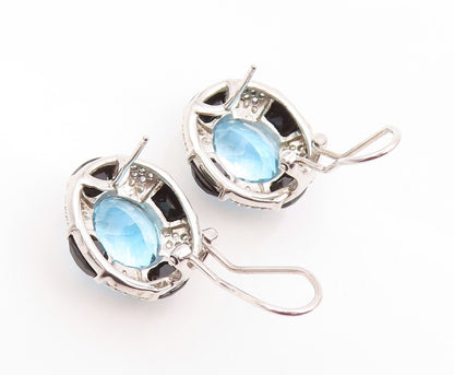 925 Sterling Silver Vintage Earrings Oval Blue Topaz Halo Sapphire & CZ  EG13346