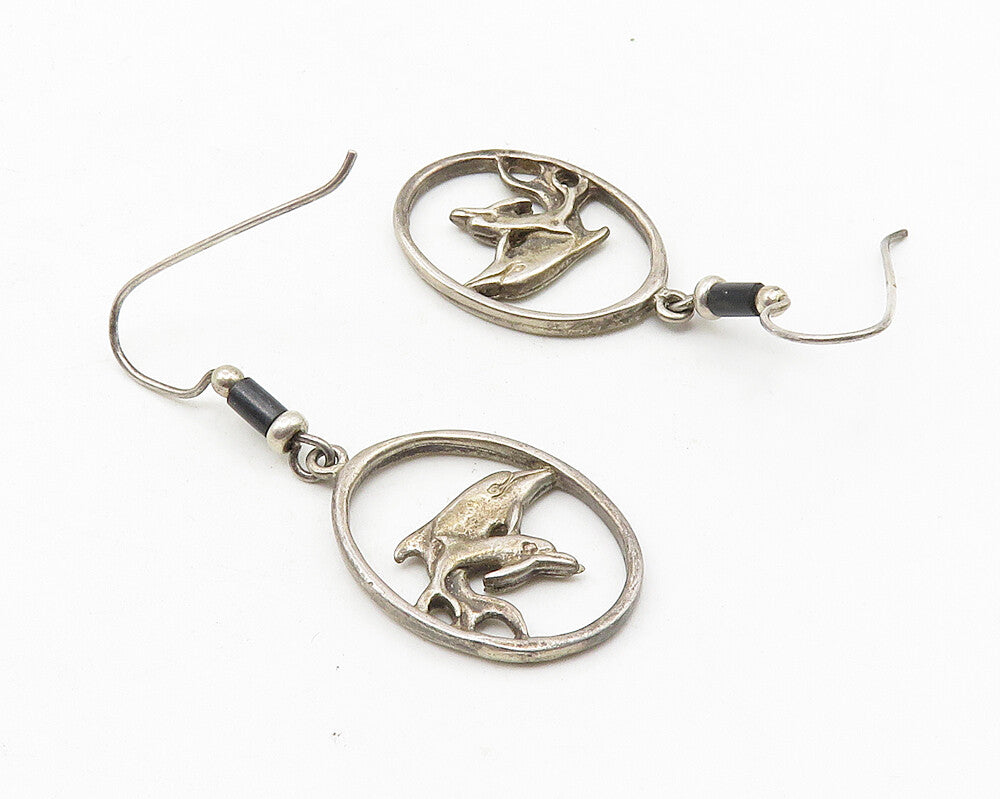 925 Sterling Silver  Vintage Black Onyx Beaded Dolphin Dangle Earrings  EG5719