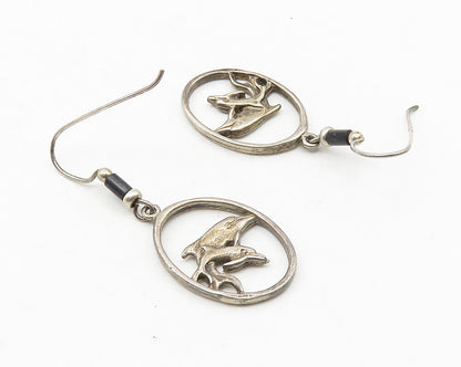925 Sterling Silver  Vintage Black Onyx Beaded Dolphin Dangle Earrings  EG5719