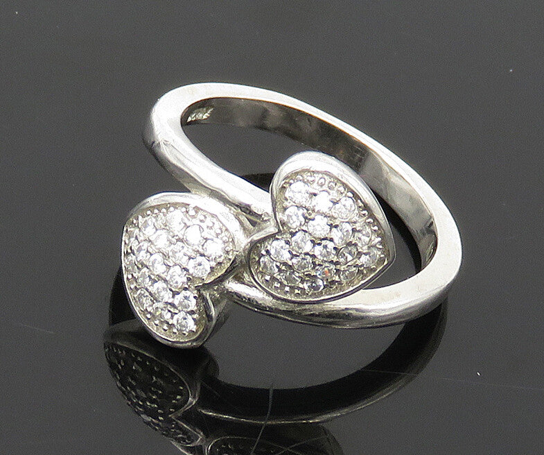 925 Sterling Silver  Cubic Zirconia Love Hearts Bypass Band Ring Sz 6  RG17983