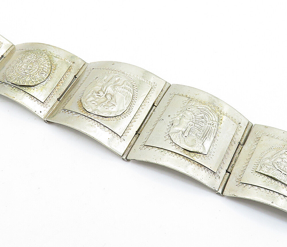 TAXCO MEXICO 925 Silver  Vintage Chief's Head Hinge Chain Bracelet  BT2688