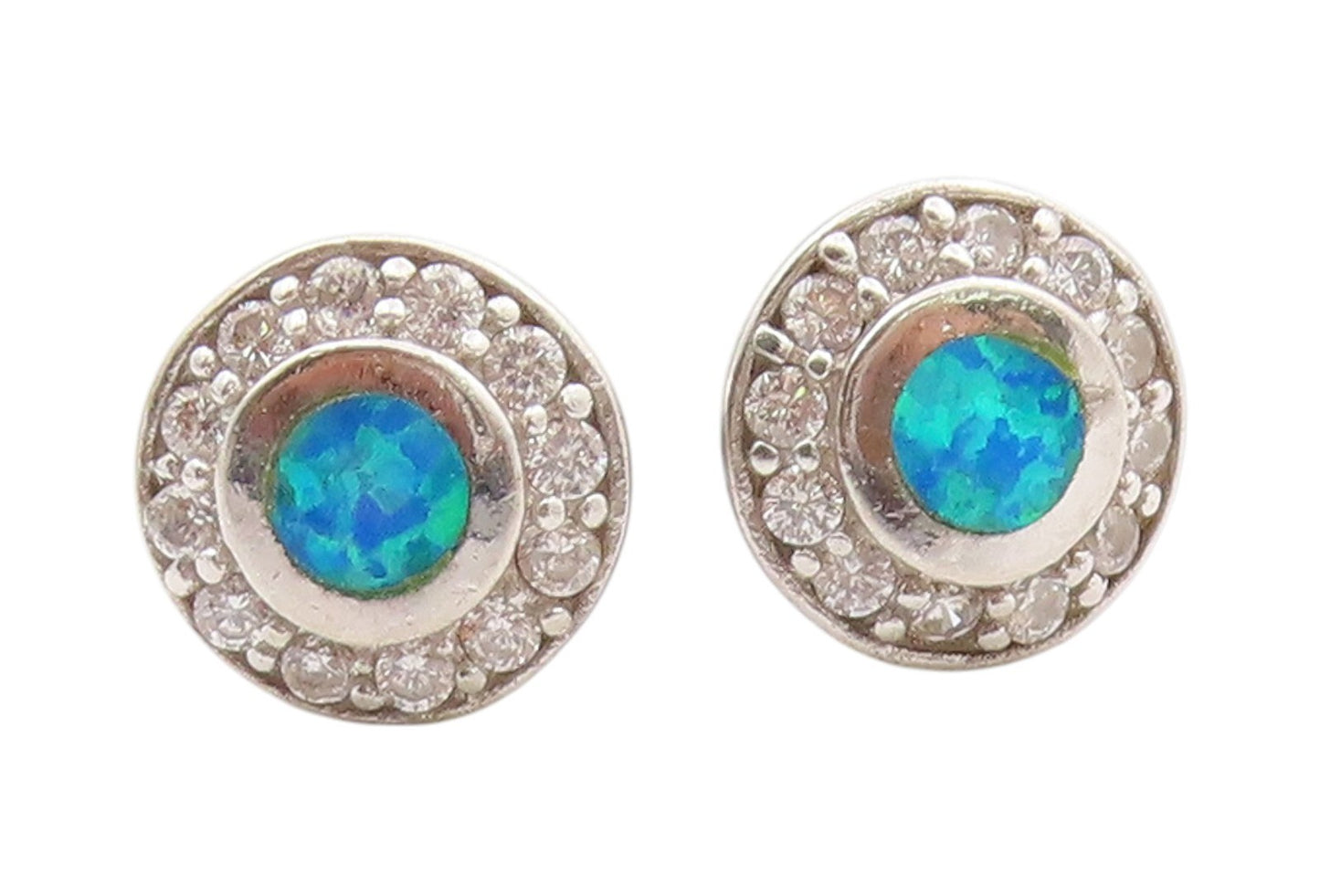 925 Sterling Silver Vintage Earrings Round Fire Opal & Halo CZ Studs  EG13702
