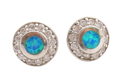 925 Sterling Silver Vintage Earrings Round Fire Opal & Halo CZ Studs  EG13702