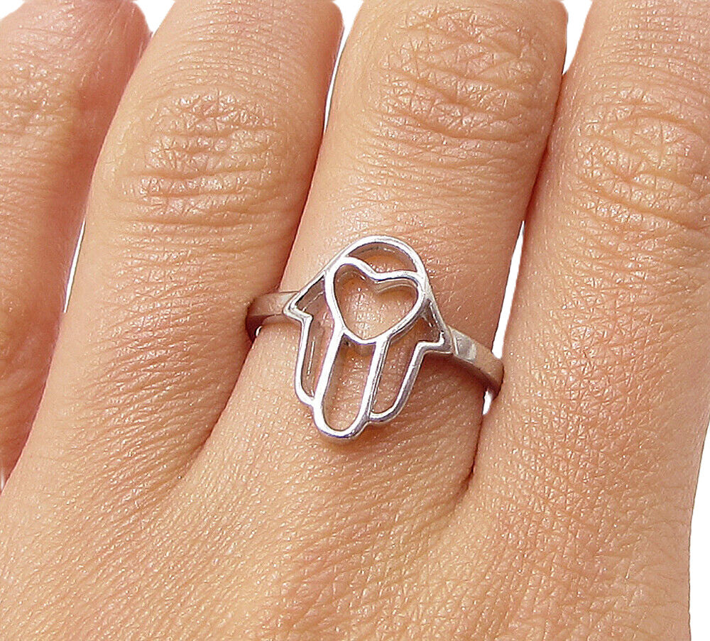 925 Sterling Silver  Cut Out Love Heart Hamsa Band Ring Sz 7  RG3347