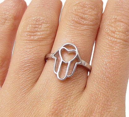 925 Sterling Silver  Cut Out Love Heart Hamsa Band Ring Sz 7  RG3347