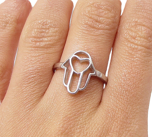925 Sterling Silver  Cut Out Love Heart Hamsa Band Ring Sz 7  RG3347