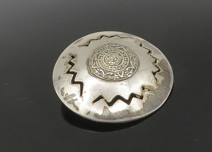 MEXICO 925 Silver  Vintage Mayan Aztec Sun Calendar Cutout Brooch Pin  BP8339