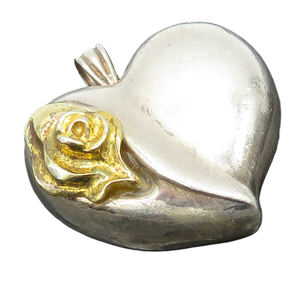 GORHAM 925 Silver  Vintage Two Tone Rose Flower Love Heart Pendant  PT11760