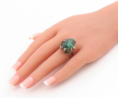 925 Sterling Silver Vintage Ring Cabochon Malachite Floral Band  Sz 7.5  RG34532