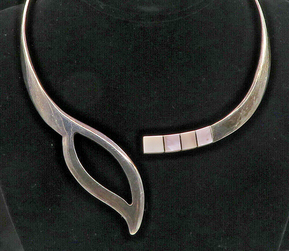 MEXICO 925 Sterling Silver  Vintage Mother Of Pearl Collar Necklace  NE1901