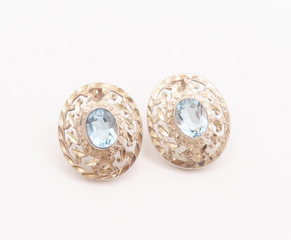 925 Sterling Silver Vintage Earrings Oval CZ Halo Swirly Carved Frame  EG12960