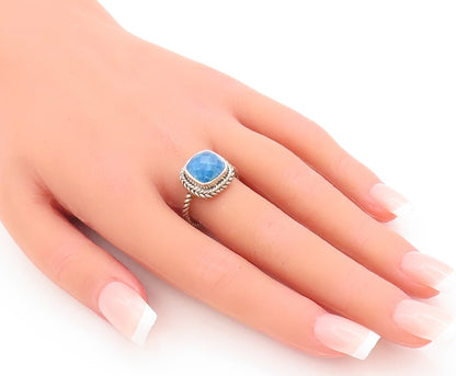 925 Sterling Silver Vintage Ring Square Turquoise Twisted Rope  Sz 8  RG29291