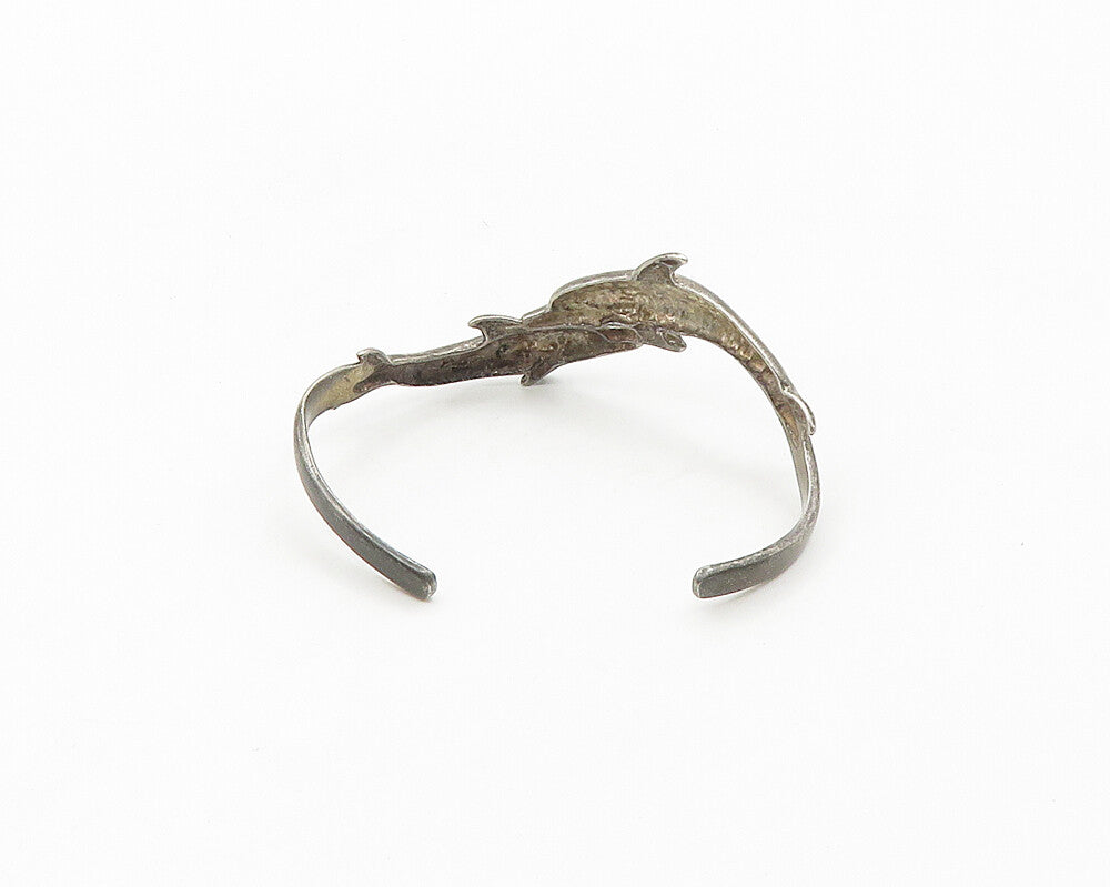 MEXICO 925 Sterling Silver  Vintage Oxidized Dolphins Cuff Bracelet  BT6986