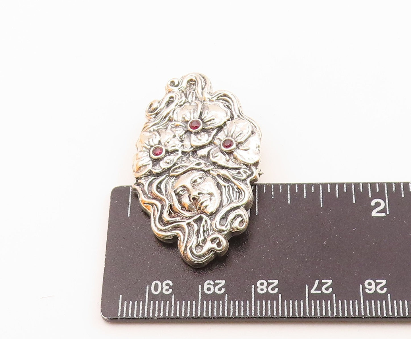 925 Sterling Silver  Vintage Garnet Floral Woman Shiny Brooch Pin  BP7953