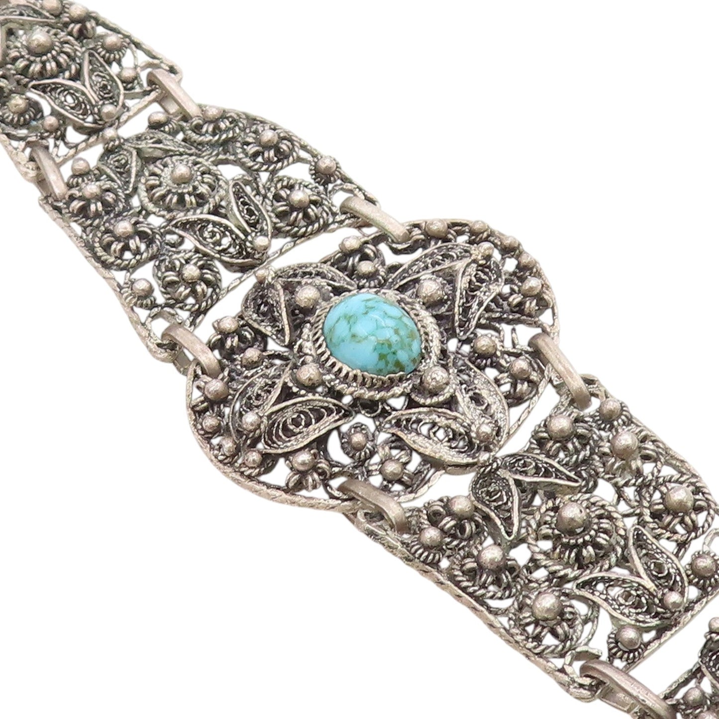 925 Sterling Silver Vintage Bracelet Turquoise Intricate Floral Filigree BT11710