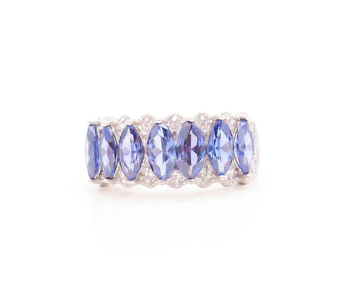 925 Sterling Silver Vintage Ring Marquise Cut Sapphire & CZ Inlay Sz 7.5 RG30089