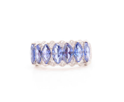 925 Sterling Silver Vintage Ring Marquise Cut Sapphire & CZ Inlay Sz 7.5 RG30089