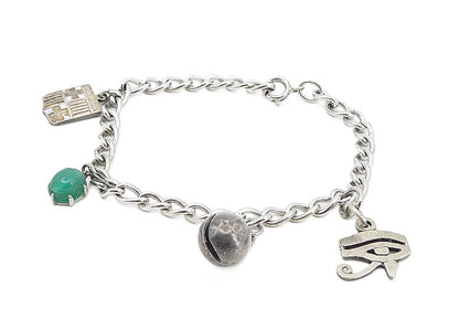925 Silver  Vintage Antique Carnelian Eye Of Horus Charm Bracelet  BT3843