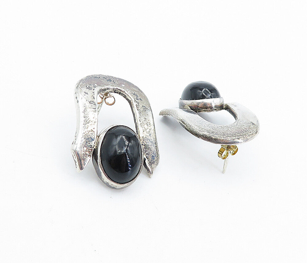 MEXICO 925 Sterling Silver Vintage Black Onyx Dark Tone Drop Earrings EG2575