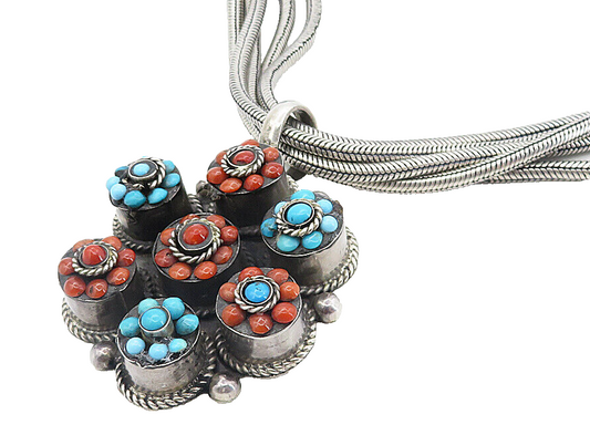 MIDDLE EAST 925 Sterling Silver Vintage Turquoise & Coral Chain Necklace  NE1498