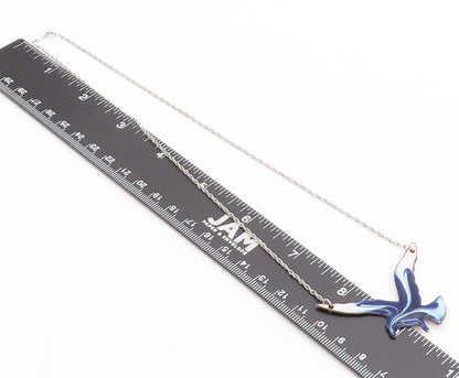 925 Sterling Silver Vintage Necklace Designer Blue & White Enameled Bird  NE4573