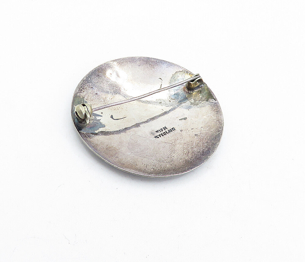 SIAM 925 Sterling Silver  Vintage Enamel Niello Dancer Round Brooch Pin BP1577