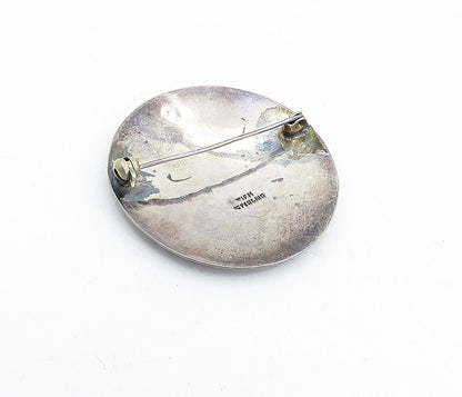 SIAM 925 Sterling Silver  Vintage Enamel Niello Dancer Round Brooch Pin BP1577