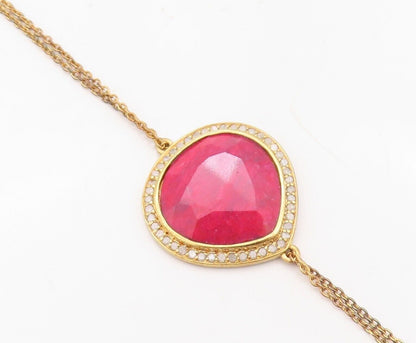 925 Sterling Silver Vintage Bracelet Gold Plated Red Gemstone & Diamonds BT10723