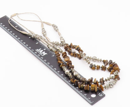 925 Silver  Vintage Engraved Sphere Bar & Tiger's Eye Layered Necklace  NE3877