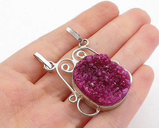 925 Sterling Silver  Vintage Druzy Magenta Agate Swirl Drop Pendant  PT3953