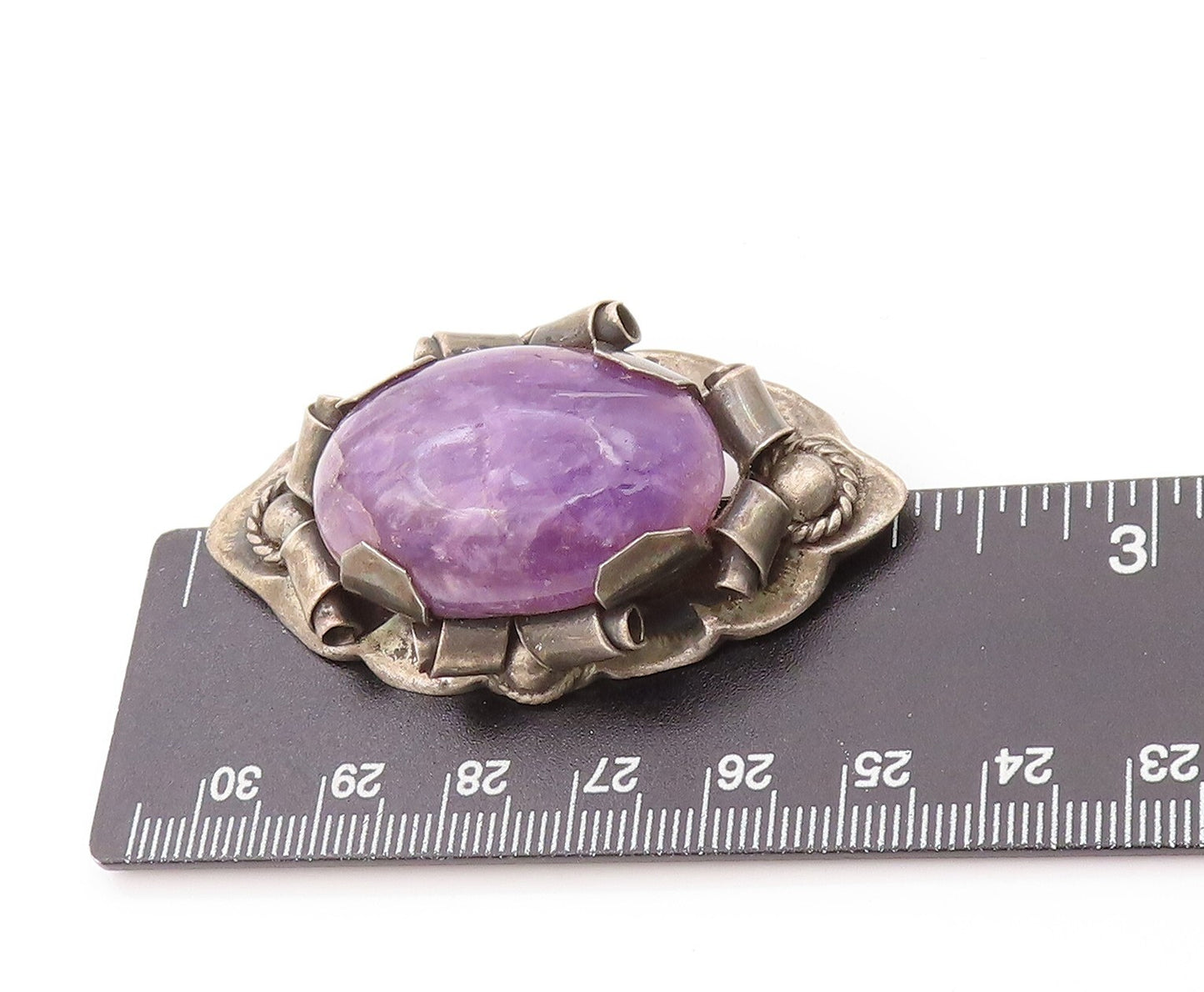 925 Sterling Silver Vintage Brooch MEXICO Oval Amethyst Antique Flower  BP11538