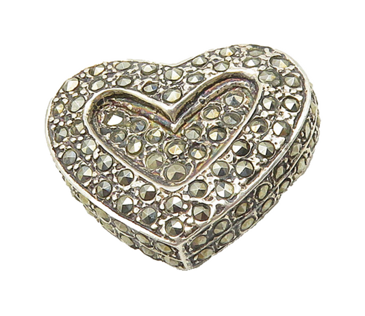 925 Sterling Silver  Vintage Shiny Marcasite Love Heart Slide Pendant  PT14860