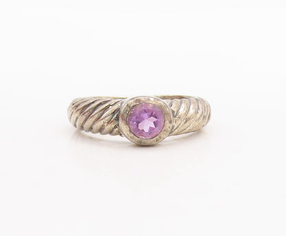 925 Sterling Silver Vintage Ring Grooved Band Round Amethyst Inlay Sz 8  RG29535