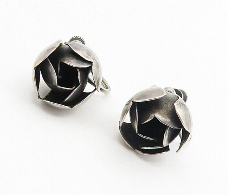 925 Sterling Silver  Vintage Dark Tone Flower Non Pierce Earrings  EG4552