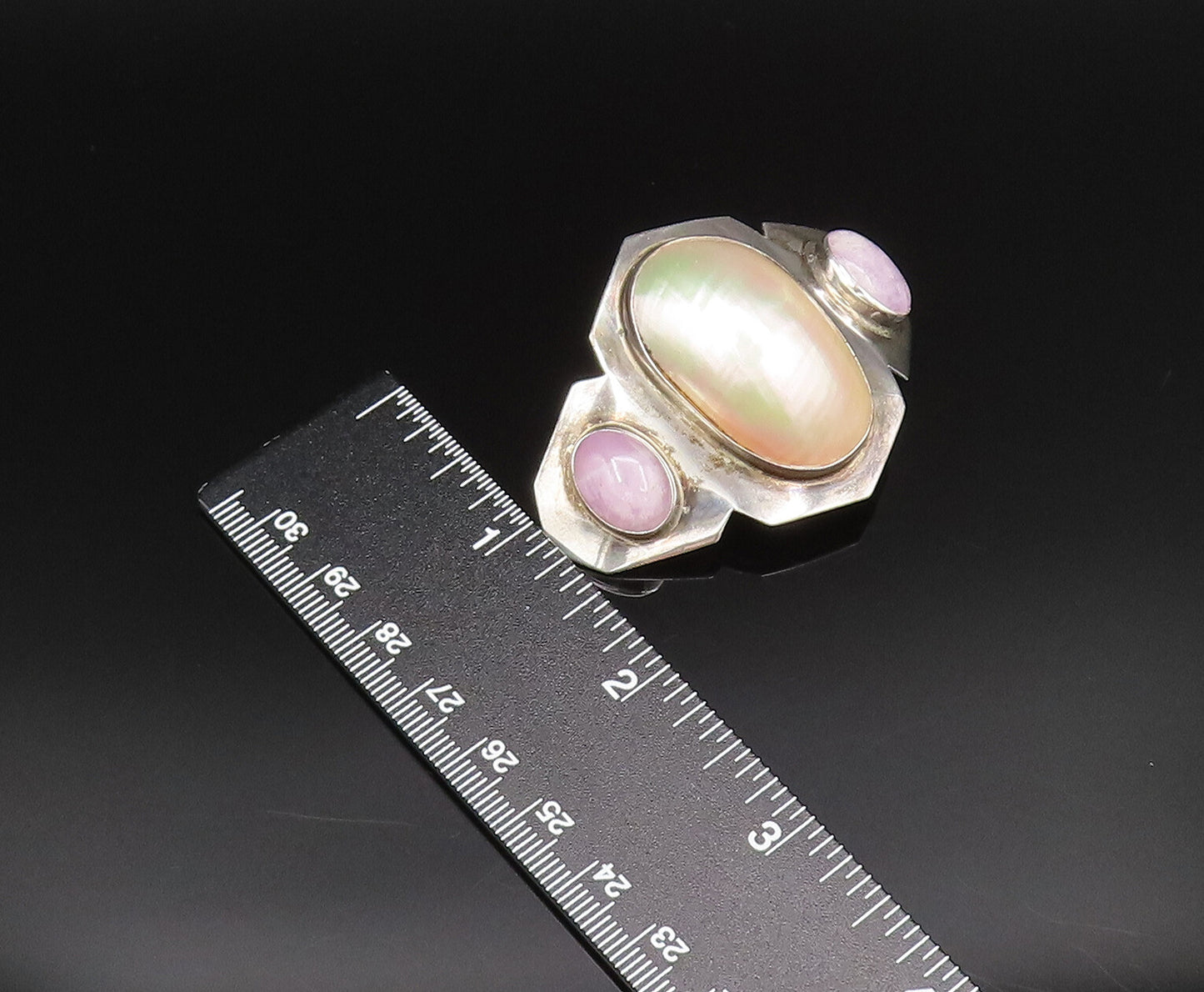 DESIGNER 925 Silver  Vintage Mother Of Pearl & Purple Jade Brooch Pin  BP9802